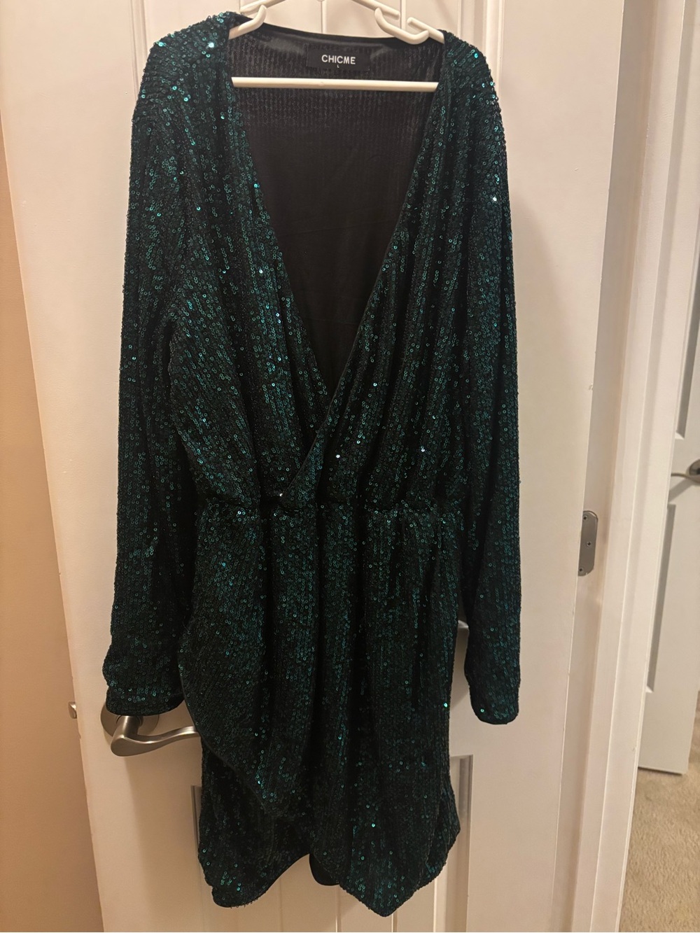 CHICME Emerald Sequin Long Sleeve V-Neck Dress